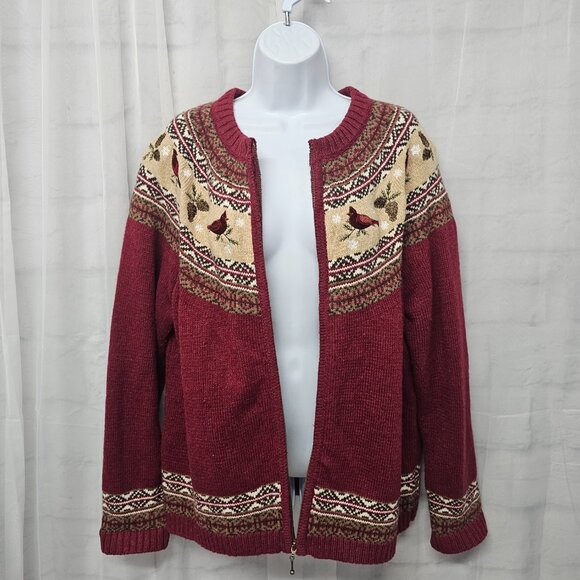 Croft & Barrow Red Cardinal Fair Isle Cardigan Zip Preppy Collegiate XL - Picture 3 of 13